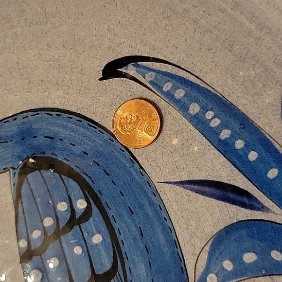 Vtg, Tonala Mexican Folk Art, Large Serving Plate, Bird, Blue, Artist Signed - Picture 9 of 12